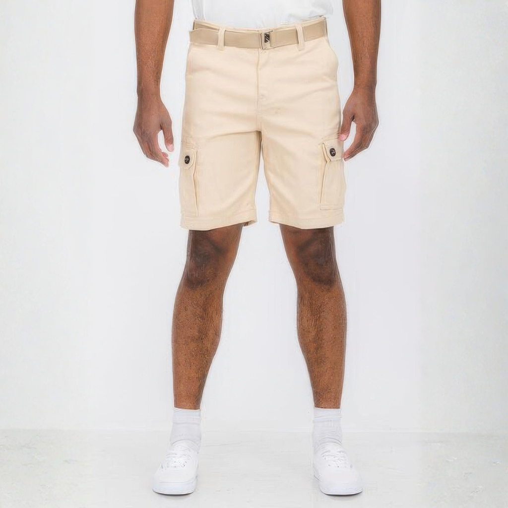 Mens Belted Cargo Shorts With Pockets